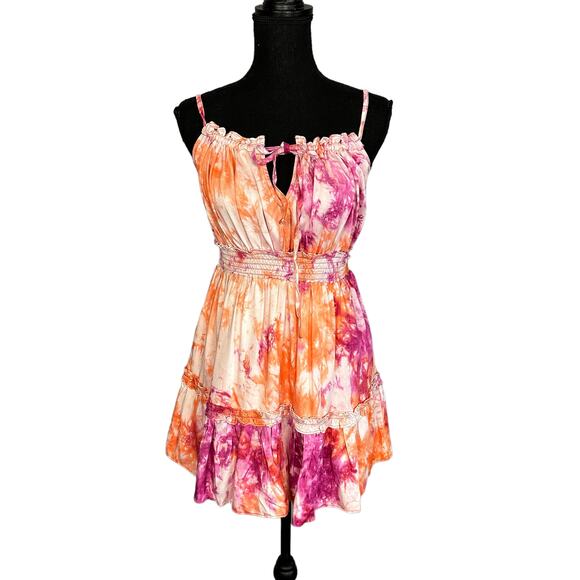 Tularosa Pink Tie Dye Ruffle Mini Dress SMALL Fresco Milkmaid Sundress Peasant - Picture 6 of 8